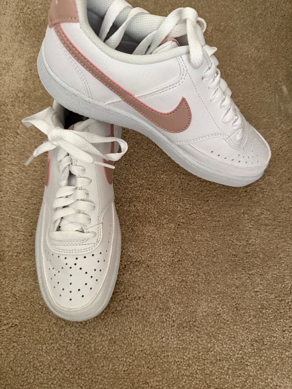 Nike Women’s White Sneakers with Blush Pink Swoosh - Size 8